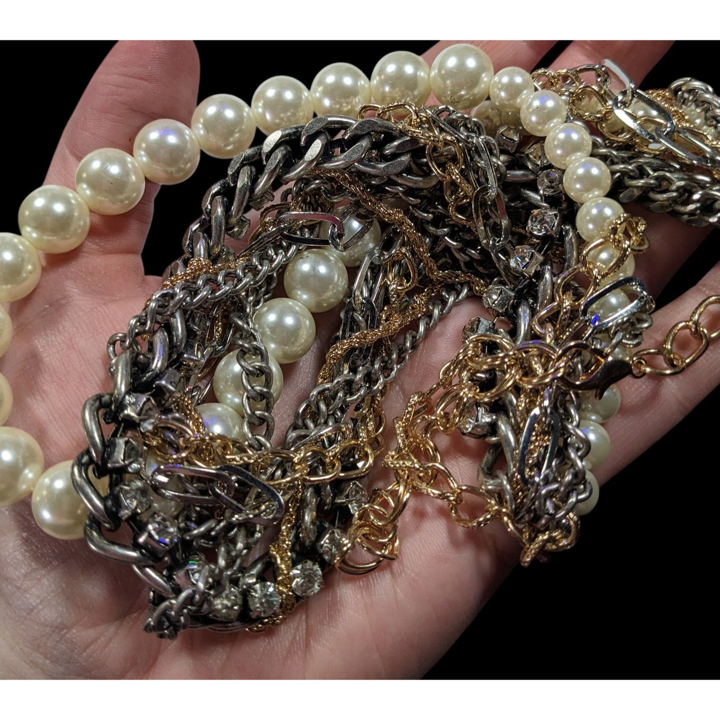 Vintage 80s Glam Multi-Metallic Chain Rhinestone And Pearl Torsade Necklace