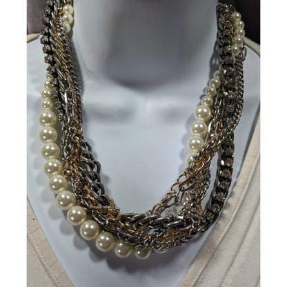 Vintage 80s Glam Multi-Metallic Chain Rhinestone And Pearl Torsade Necklace