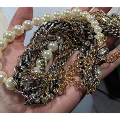 Vintage 80s Glam Multi-Metallic Chain Rhinestone And Pearl Torsade Necklace
