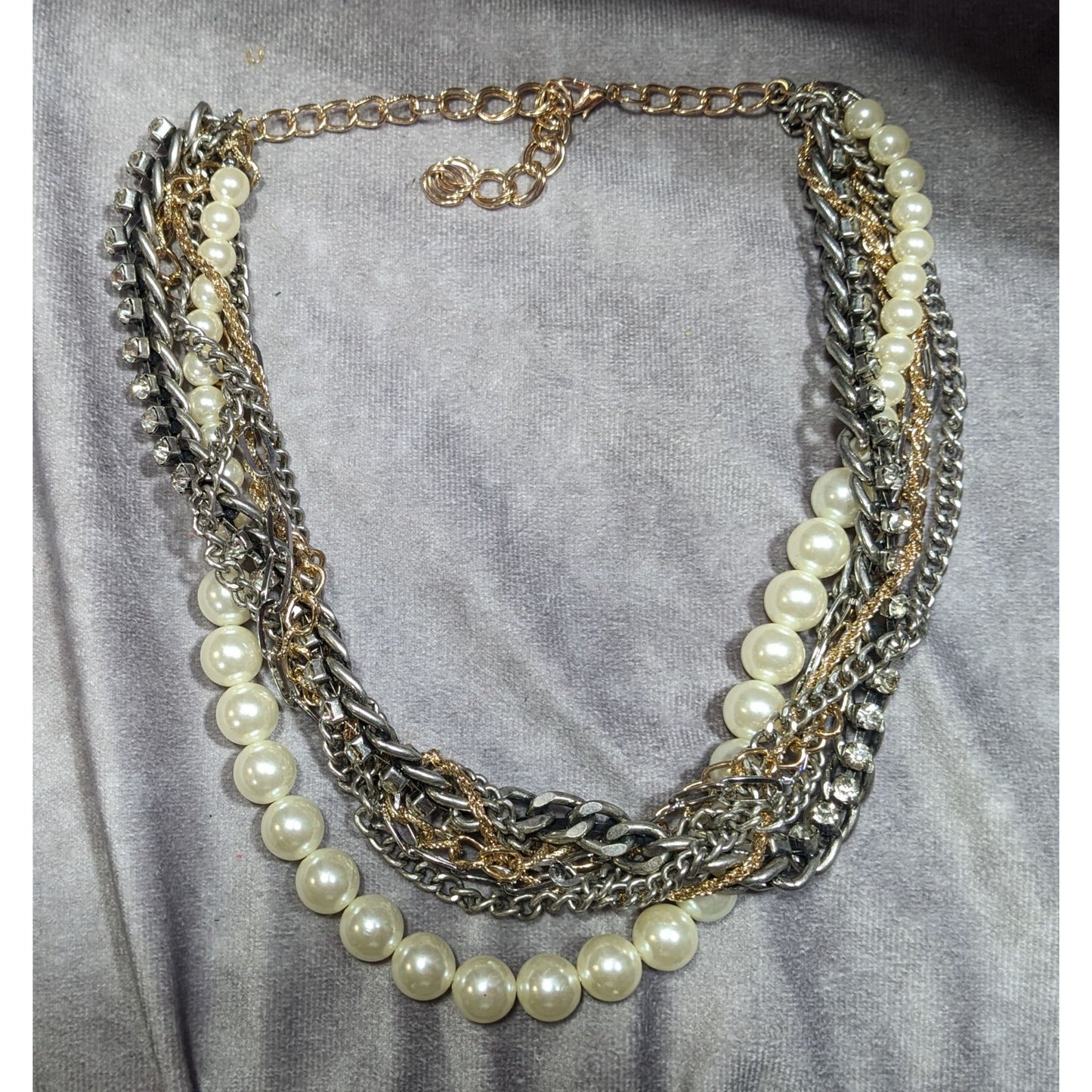 Vintage 80s Glam Multi-Metallic Chain Rhinestone And Pearl Torsade Necklace