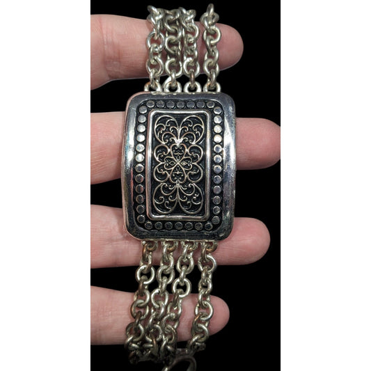 Art Nouveau Silver Tone Filigree Chain Station Bracelet