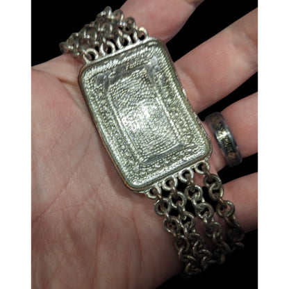 Art Nouveau Silver Tone Filigree Chain Station Bracelet