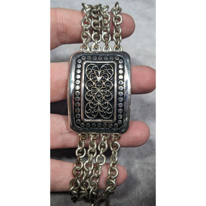 Art Nouveau Silver Tone Filigree Chain Station Bracelet