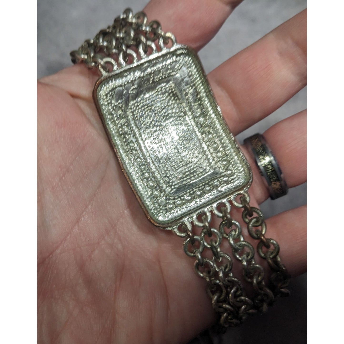 Art Nouveau Silver Tone Filigree Chain Station Bracelet