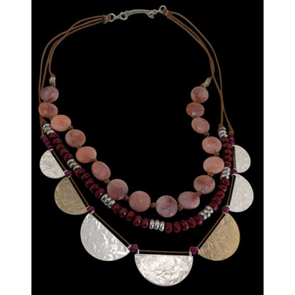 Boho Tribal Layered Statement Necklace Pink Beads Mixed Metal Discs