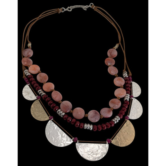 Boho Tribal Layered Statement Necklace Pink Beads Mixed Metal Discs