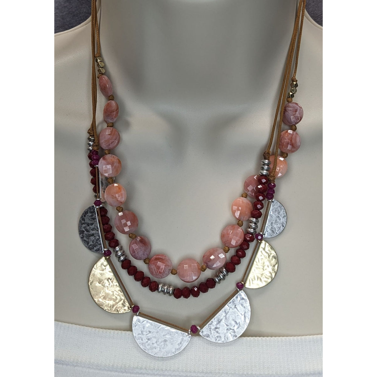 Boho Tribal Layered Statement Necklace Pink Beads Mixed Metal Discs