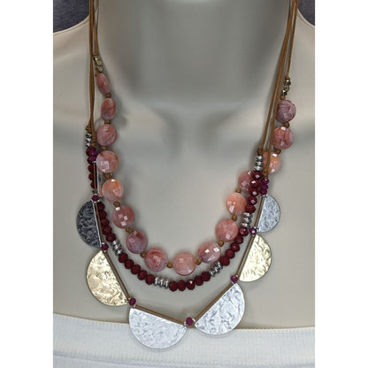 Boho Tribal Layered Statement Necklace Pink Beads Mixed Metal Discs