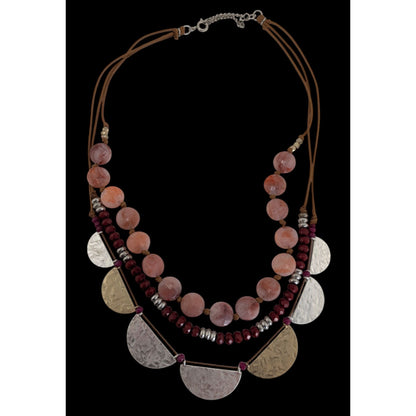 Boho Tribal Layered Statement Necklace Pink Beads Mixed Metal Discs