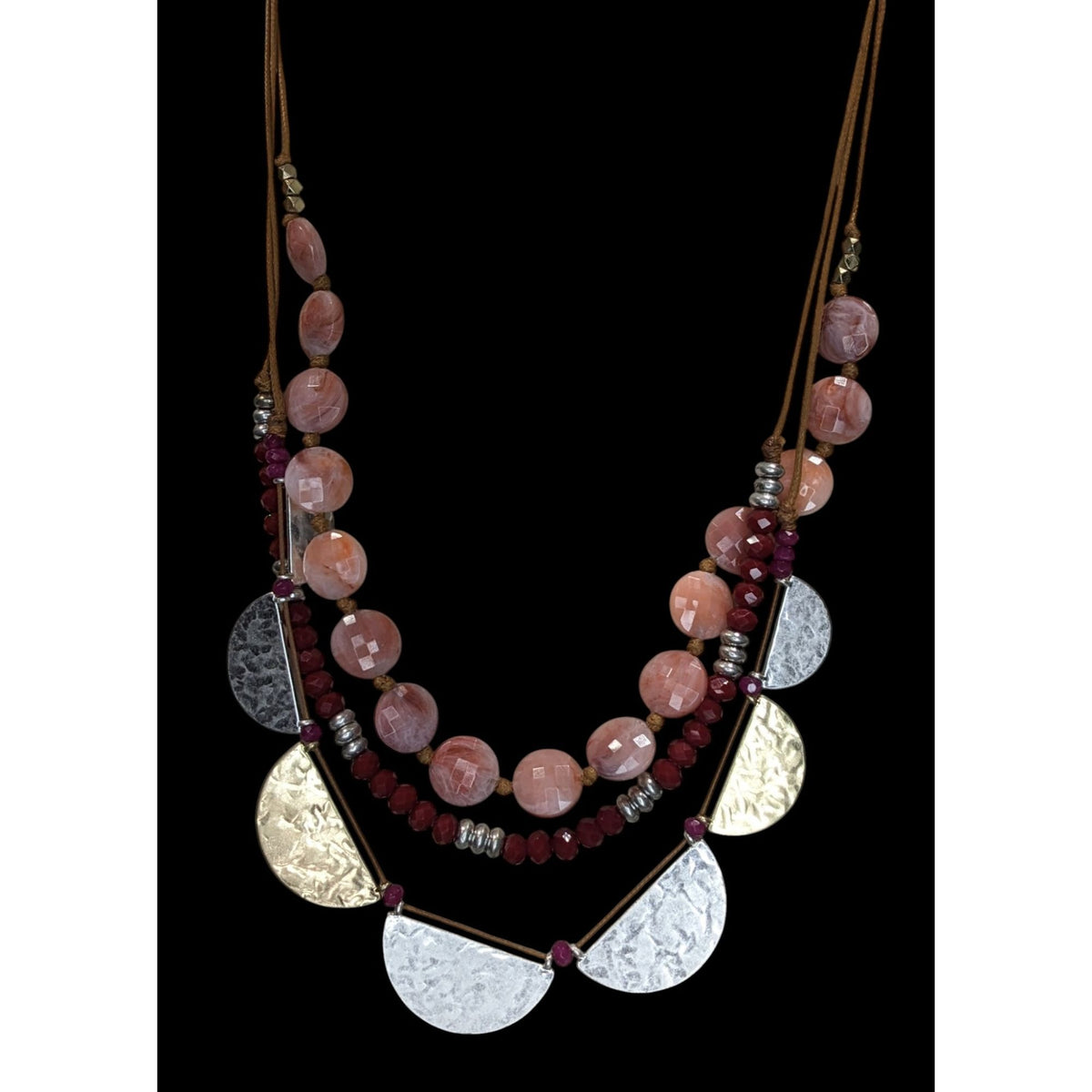 Boho Tribal Layered Statement Necklace Pink Beads Mixed Metal Discs