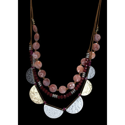 Boho Tribal Layered Statement Necklace Pink Beads Mixed Metal Discs