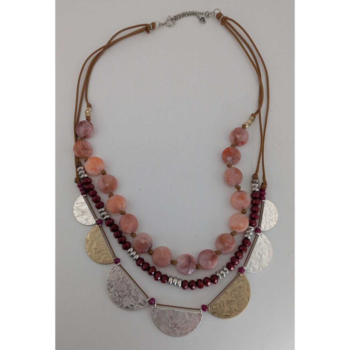 Boho Tribal Layered Statement Necklace Pink Beads Mixed Metal Discs