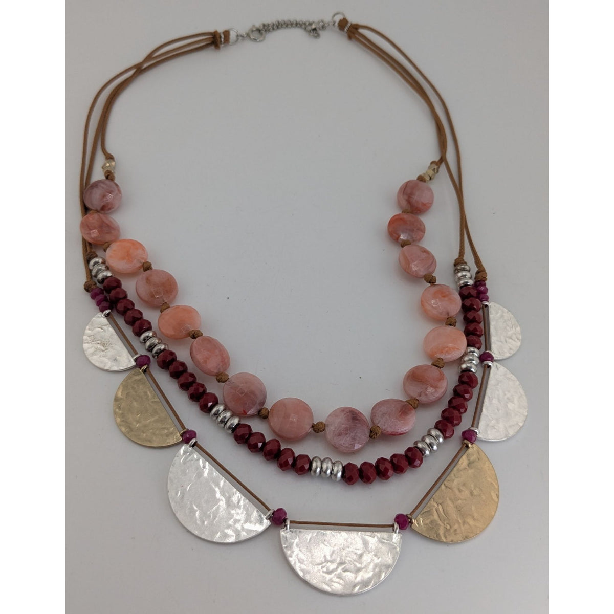 Boho Tribal Layered Statement Necklace Pink Beads Mixed Metal Discs