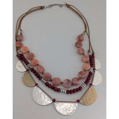 Boho Tribal Layered Statement Necklace Pink Beads Mixed Metal Discs