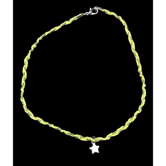 Handmade 90s Style Green And Silver Tone Braided Necklace With Star Charm