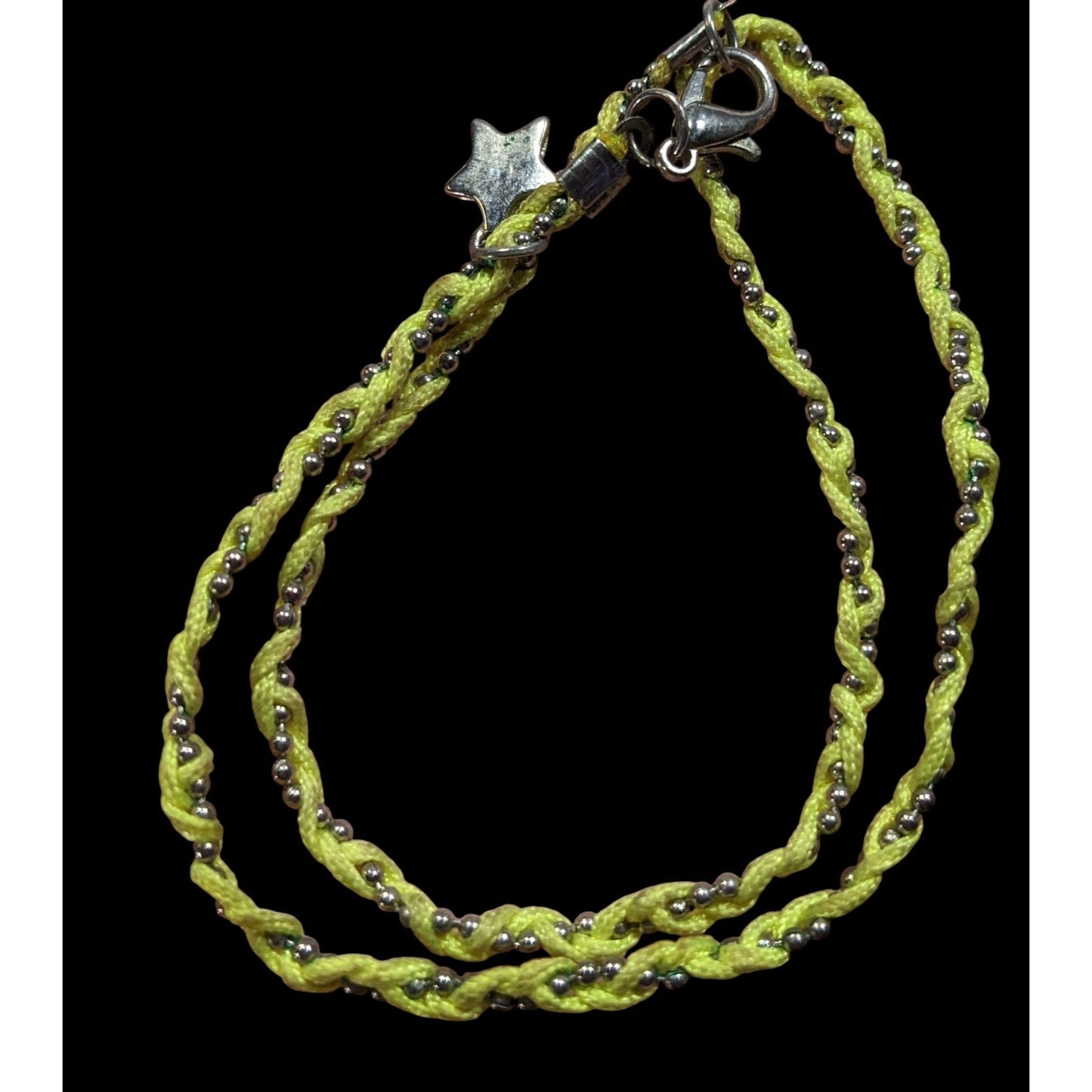 Handmade 90s Style Green And Silver Tone Braided Necklace With Star Charm