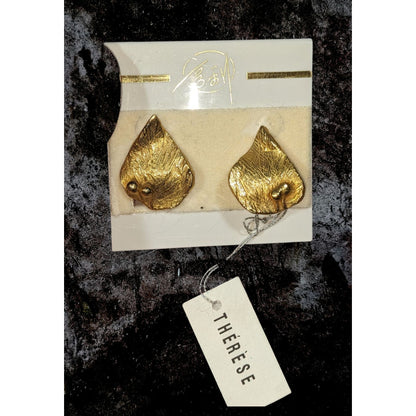 Therese by Hervanche Paris Vintage 80s Gold Tone Leaf Clip On Earrings NWT