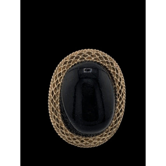 Vintage Gothic Black Cabochon Ring With Braided Gold Tone Bezel Size 7 (Adjustable)