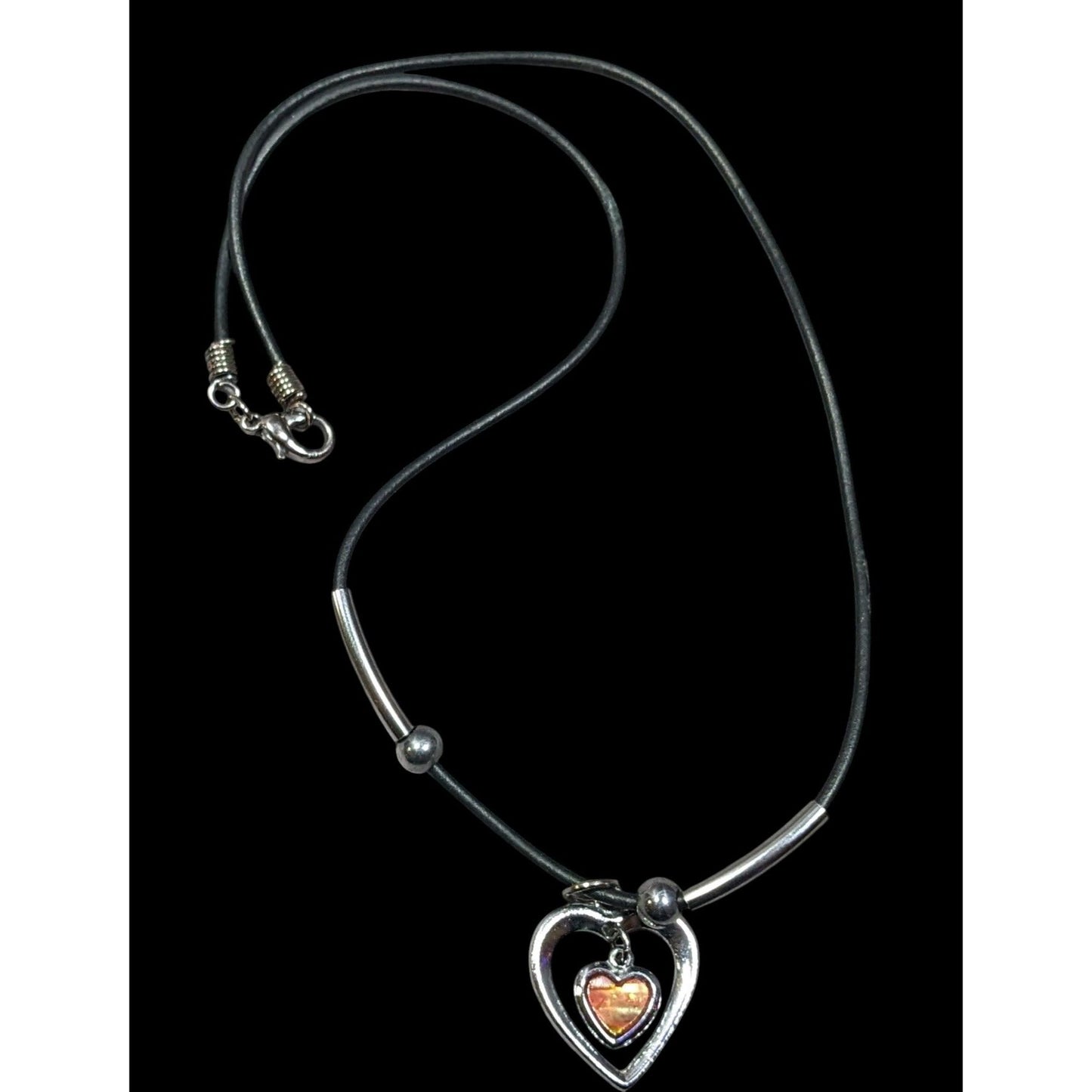 90s Double Heart Silver Tone With Brown Shell Pendant Necklace