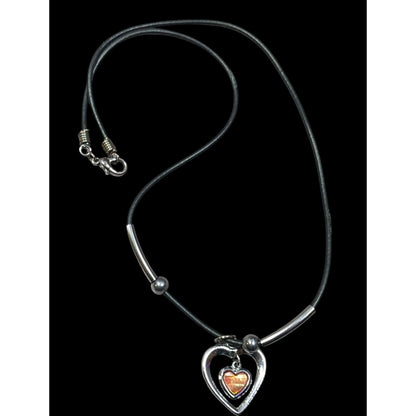 90s Double Heart Silver Tone With Brown Shell Pendant Necklace
