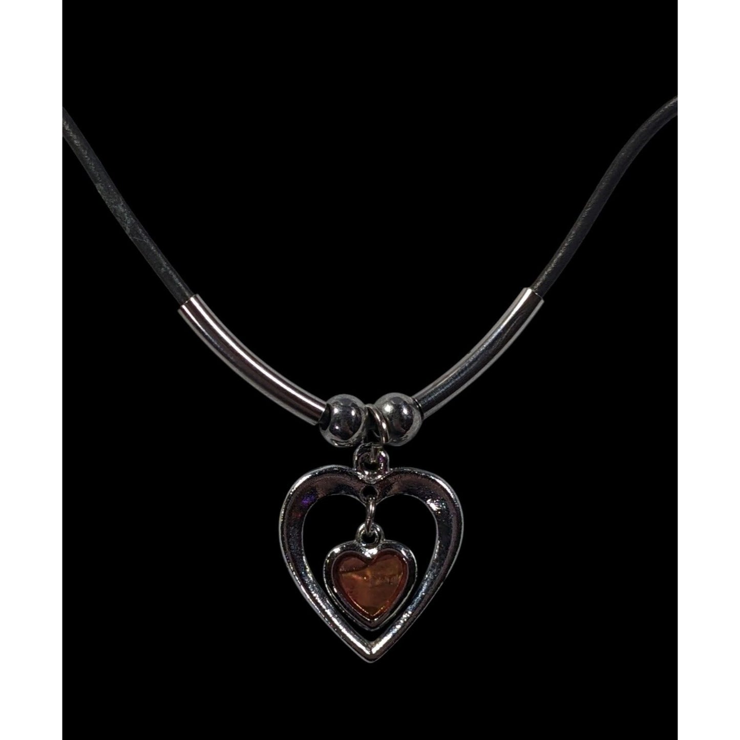 90s Double Heart Silver Tone With Brown Shell Pendant Necklace