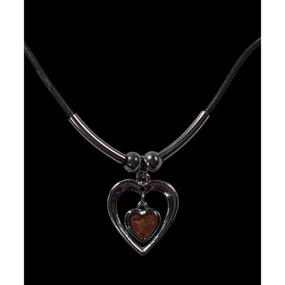 90s Double Heart Silver Tone With Brown Shell Pendant Necklace