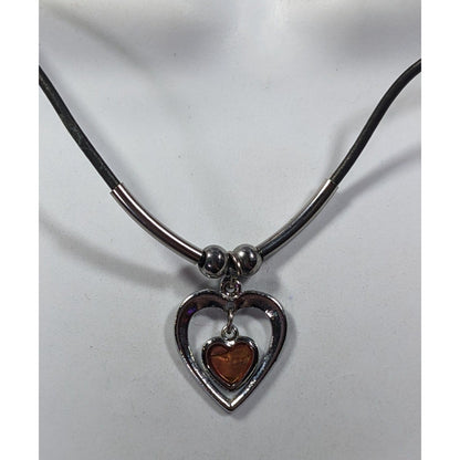 90s Double Heart Silver Tone With Brown Shell Pendant Necklace