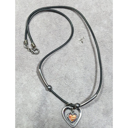 90s Double Heart Silver Tone With Brown Shell Pendant Necklace