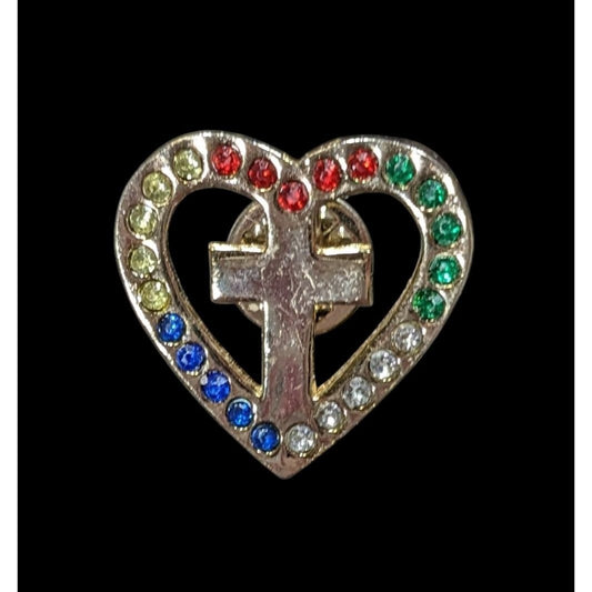 Religious Cross Heart Lapel Pin With Rainbow Rhinestones