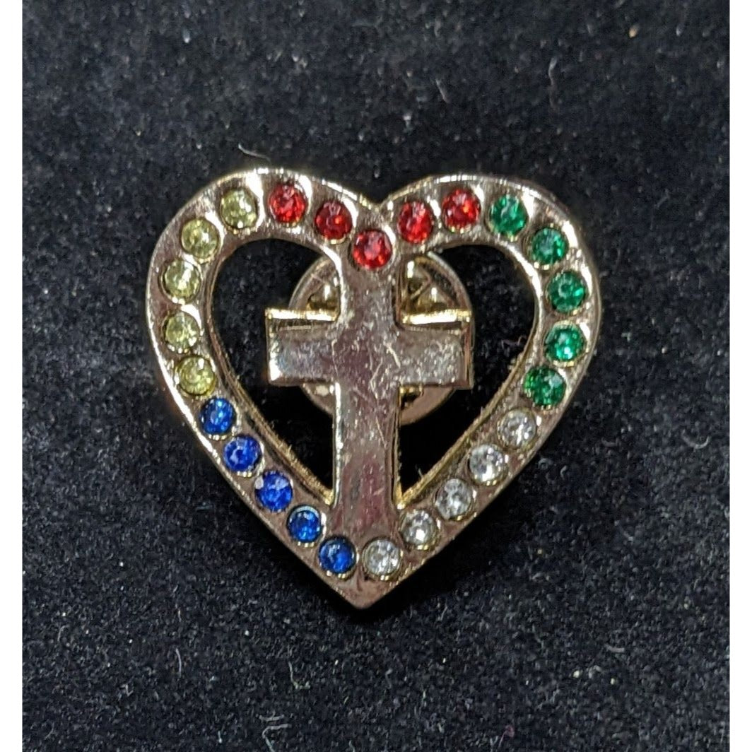 Religious Cross Heart Lapel Pin With Rainbow Rhinestones