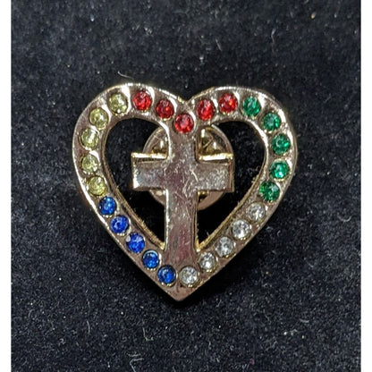 Religious Cross Heart Lapel Pin With Rainbow Rhinestones