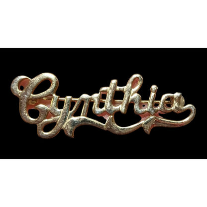 Gold Tone Cursive Lettering Cynthia Brooch