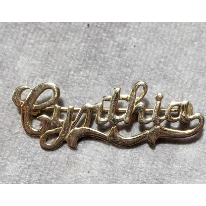 Gold Tone Cursive Lettering Cynthia Brooch