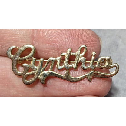 Gold Tone Cursive Lettering Cynthia Brooch