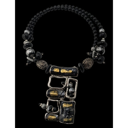 Abstract Brutalist Beaded Black And Silver Tone Necklace With Pendant