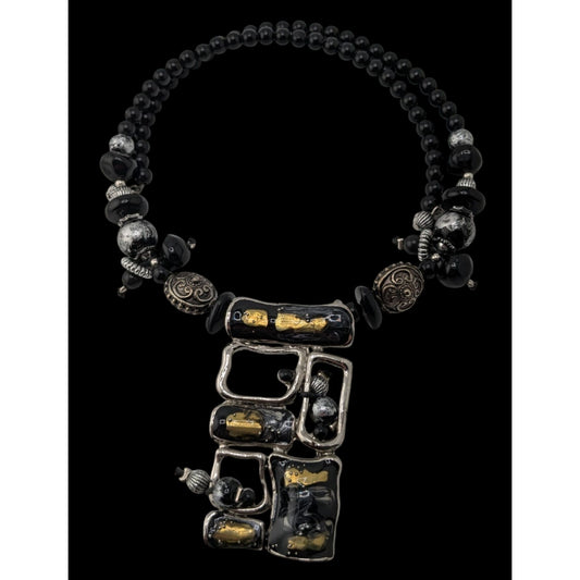 Abstract Brutalist Beaded Black And Silver Tone Necklace With Pendant