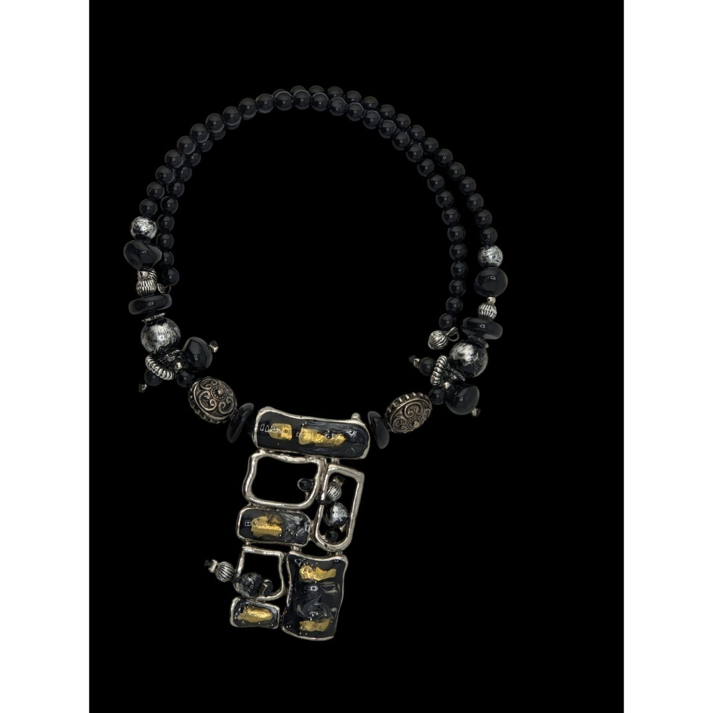 Abstract Brutalist Beaded Black And Silver Tone Necklace With Pendant