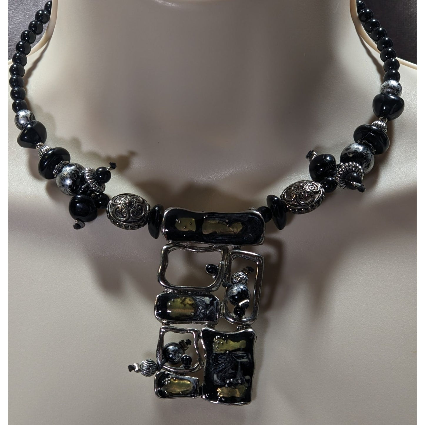 Abstract Brutalist Beaded Black And Silver Tone Necklace With Pendant
