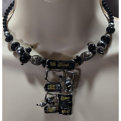 Abstract Brutalist Beaded Black And Silver Tone Necklace With Pendant
