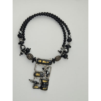 Abstract Brutalist Beaded Black And Silver Tone Necklace With Pendant