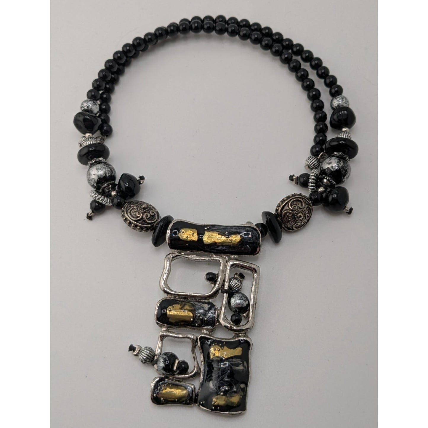 Abstract Brutalist Beaded Black And Silver Tone Necklace With Pendant