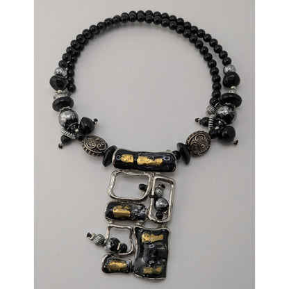 Abstract Brutalist Beaded Black And Silver Tone Necklace With Pendant