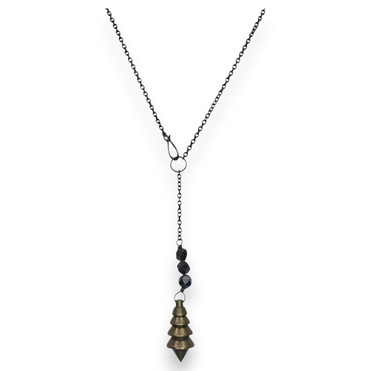 Vintage Brutalist Lariat Metal Black Brass Tone Pendulum Necklace 16 Inch