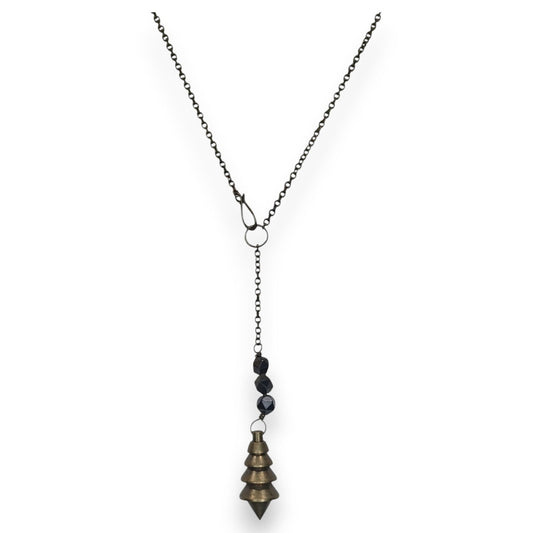 Vintage Brutalist Lariat Metal Black Brass Tone Pendulum Necklace 16 Inch