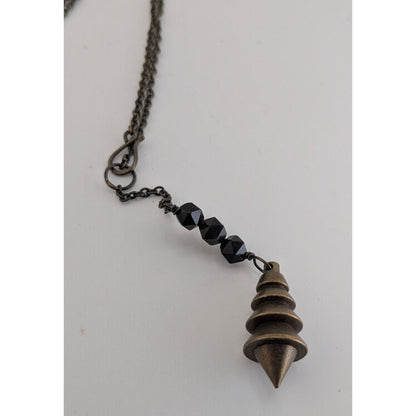 Vintage Brutalist Lariat Metal Black Brass Tone Pendulum Necklace 16 Inch