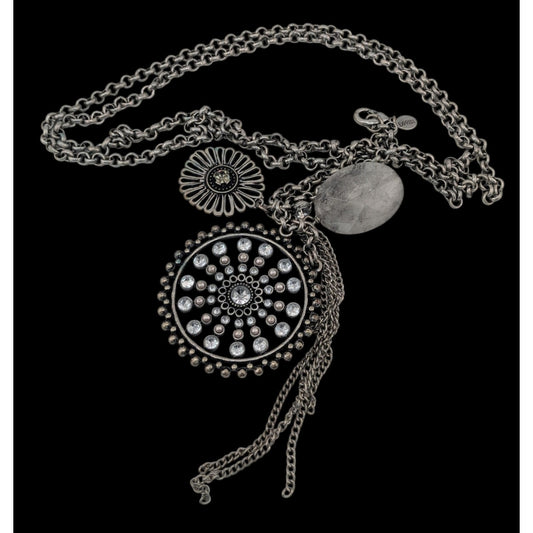 Express Y2K Glam Medallion Long Silver-Tone Layered Pendant Necklace With Crystal Accents & Floral Charms
