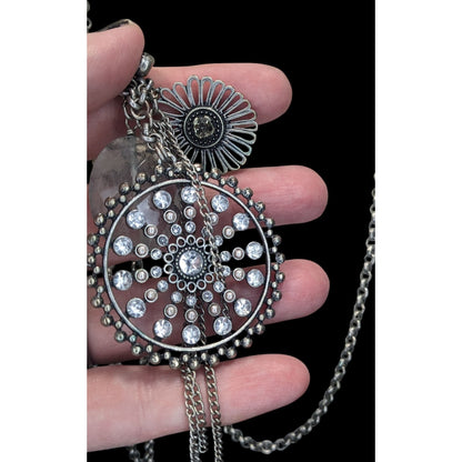 Express Y2K Glam Medallion Long Silver-Tone Layered Pendant Necklace With Crystal Accents & Floral Charms