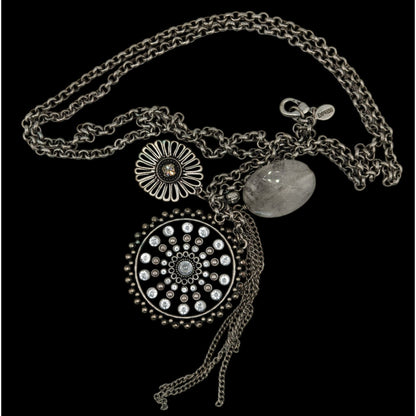 Express Y2K Glam Medallion Long Silver-Tone Layered Pendant Necklace With Crystal Accents & Floral Charms