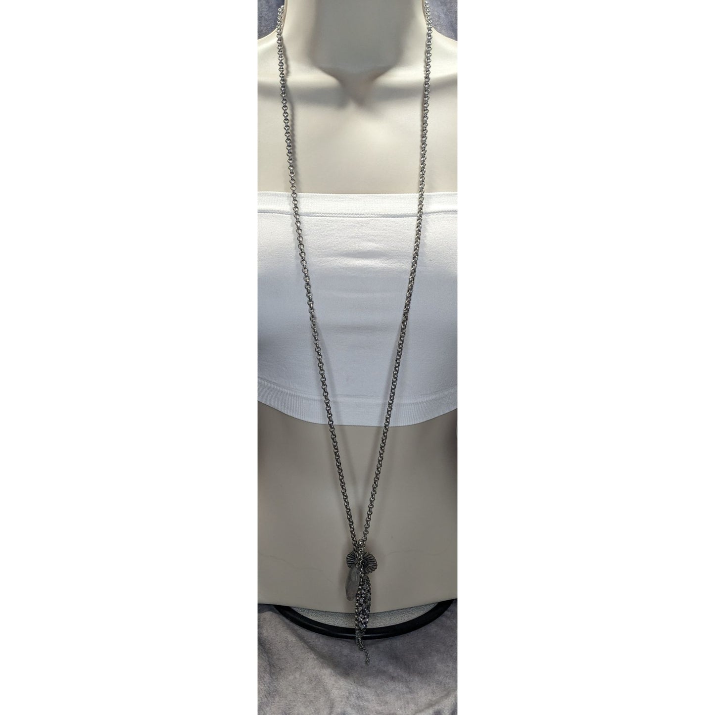 Express Y2K Glam Medallion Long Silver-Tone Layered Pendant Necklace With Crystal Accents & Floral Charms