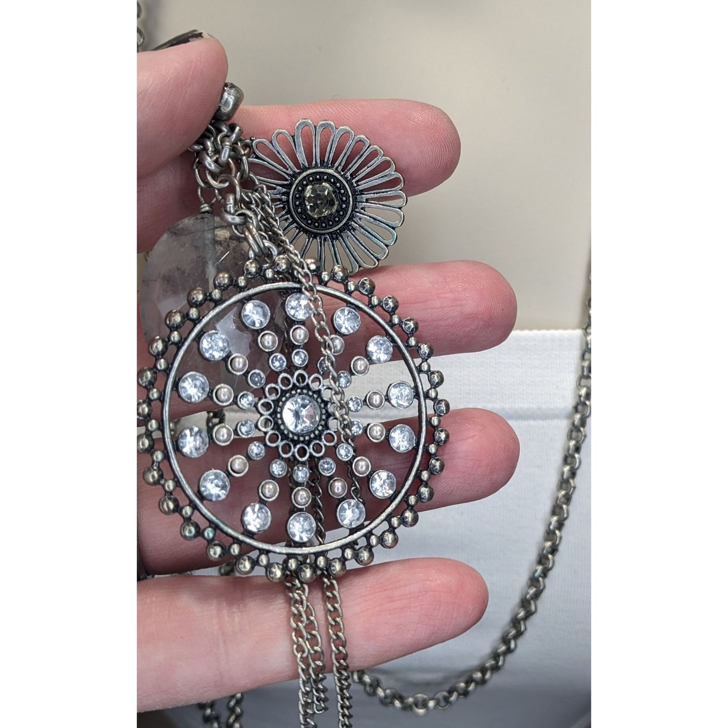 Express Y2K Glam Medallion Long Silver-Tone Layered Pendant Necklace With Crystal Accents & Floral Charms